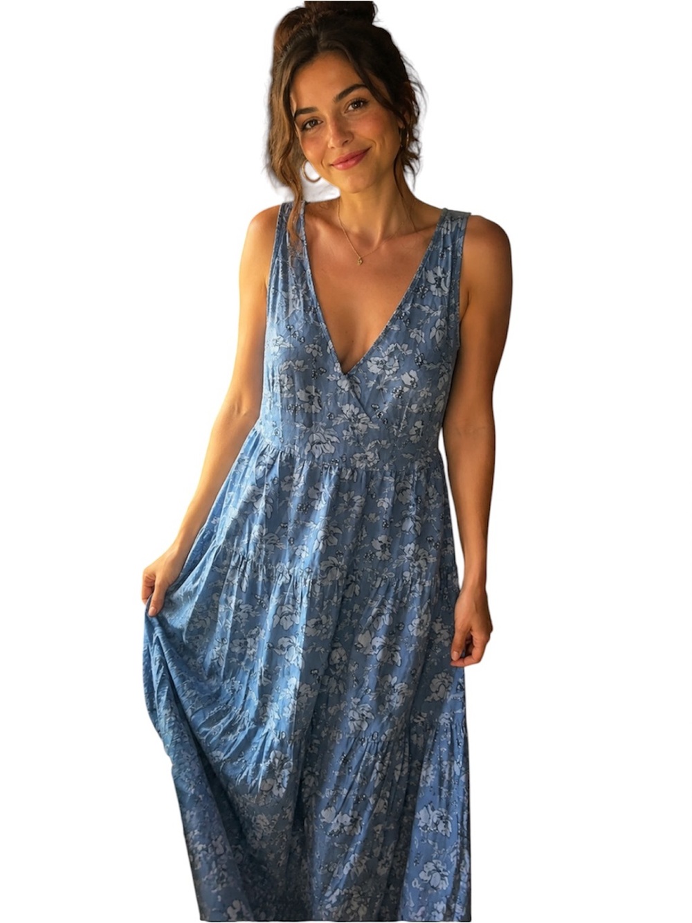 Universal Thread Blue Floral V-Neck Tiered Maxi Dress